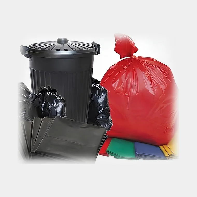 Black and coloured bin liners with a wheelie bin