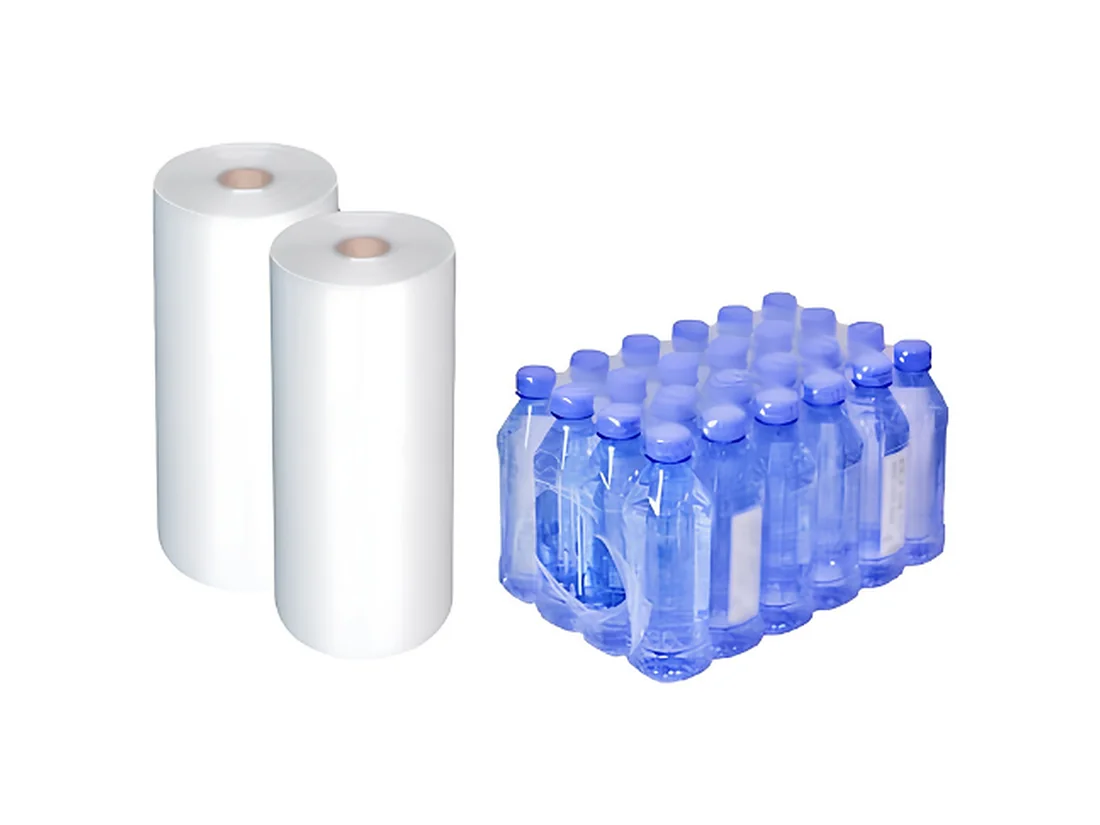 Shrink wrap rolls and a shrink-wrapped pack of bottled water